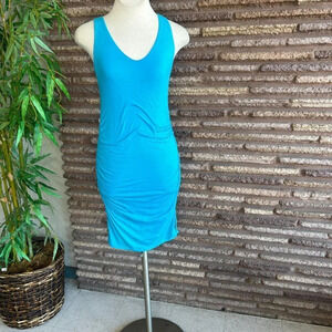 Velvet Turquoise Aqua Blue Scoop Neck BodyCon Ruched Side Tank Dress